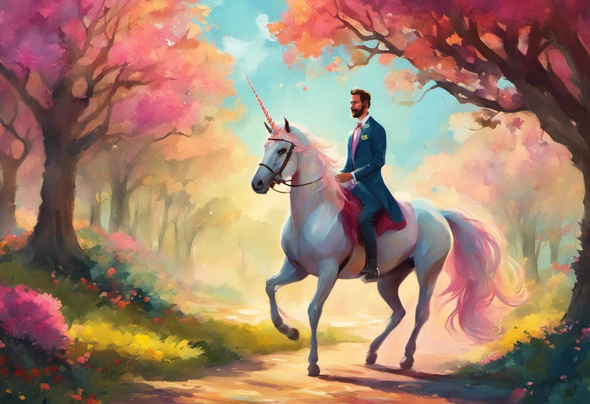 Couple de mariés chevauchant une licorne dans une peinture numérique