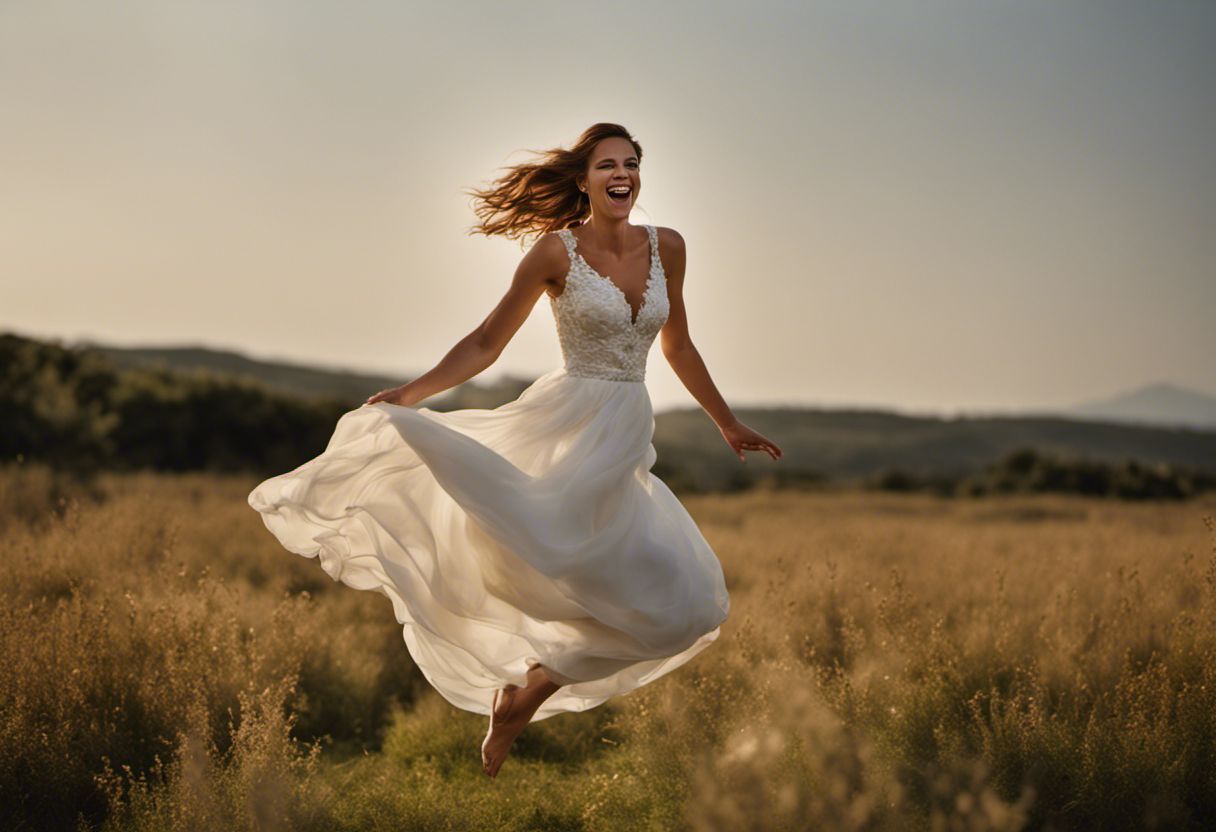 Mariée sautant de joie dans sa robe de mariée